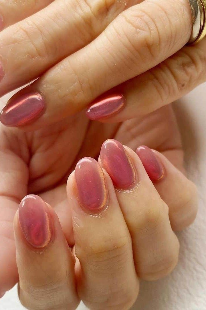 Warm Pink Chrome Almond Nails - chrome nail designs for women over 60