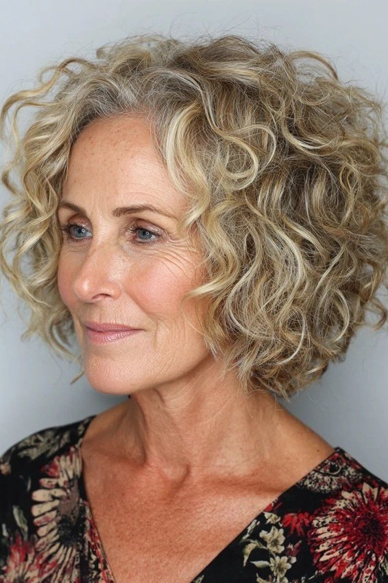 Blonde curly bob three-quarter view - curly hairstyle for women over 60