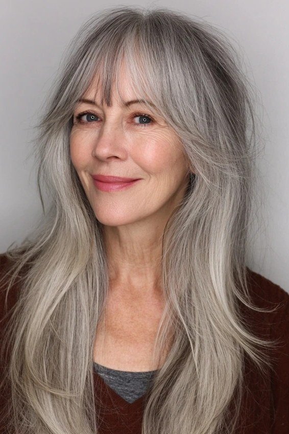 Long silver-gray straight hair with bangs for women over 50