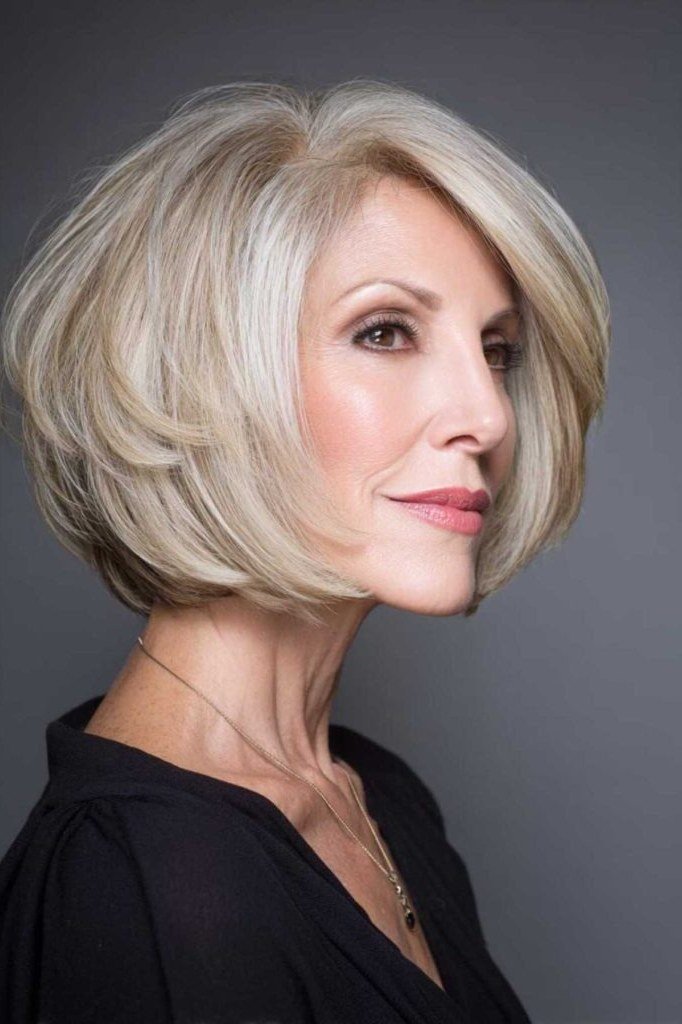 blonde curly layered bob, 3/4 view — chin-length layered bob hairstyle for women over 50
