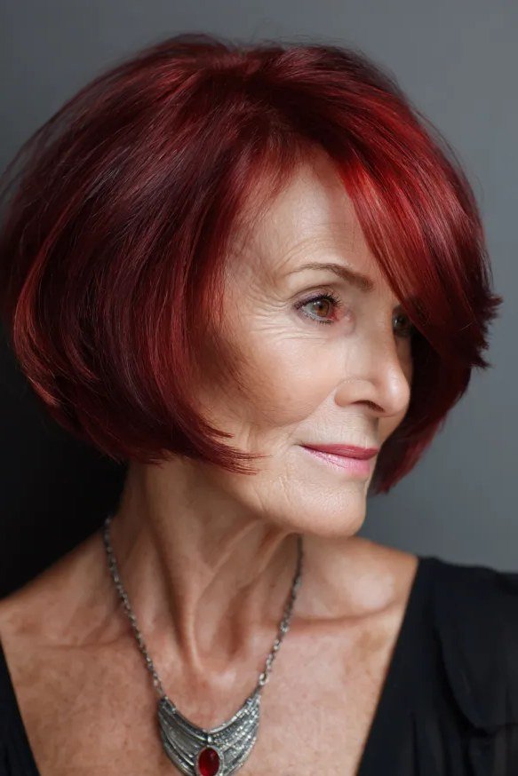 Sleek Red Rounded Lob - layered lob hairstyle for women over 60