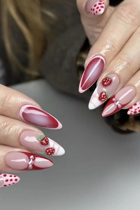 Almond pink-red gradient nails with strawberry art