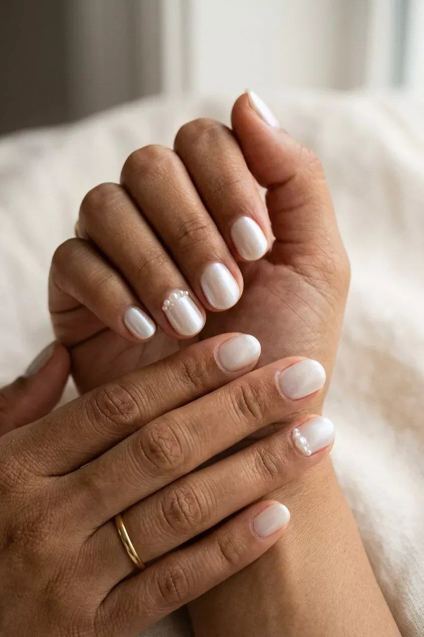 White Pearl French on Deep Skin - pearl finish nail idea for women over 60