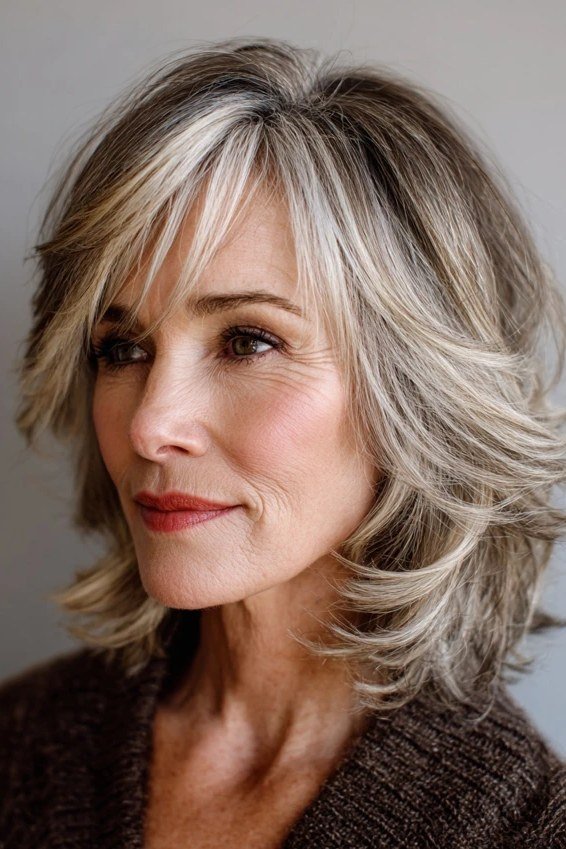 Gray shaggy bob with choppy textured layers for women over 60