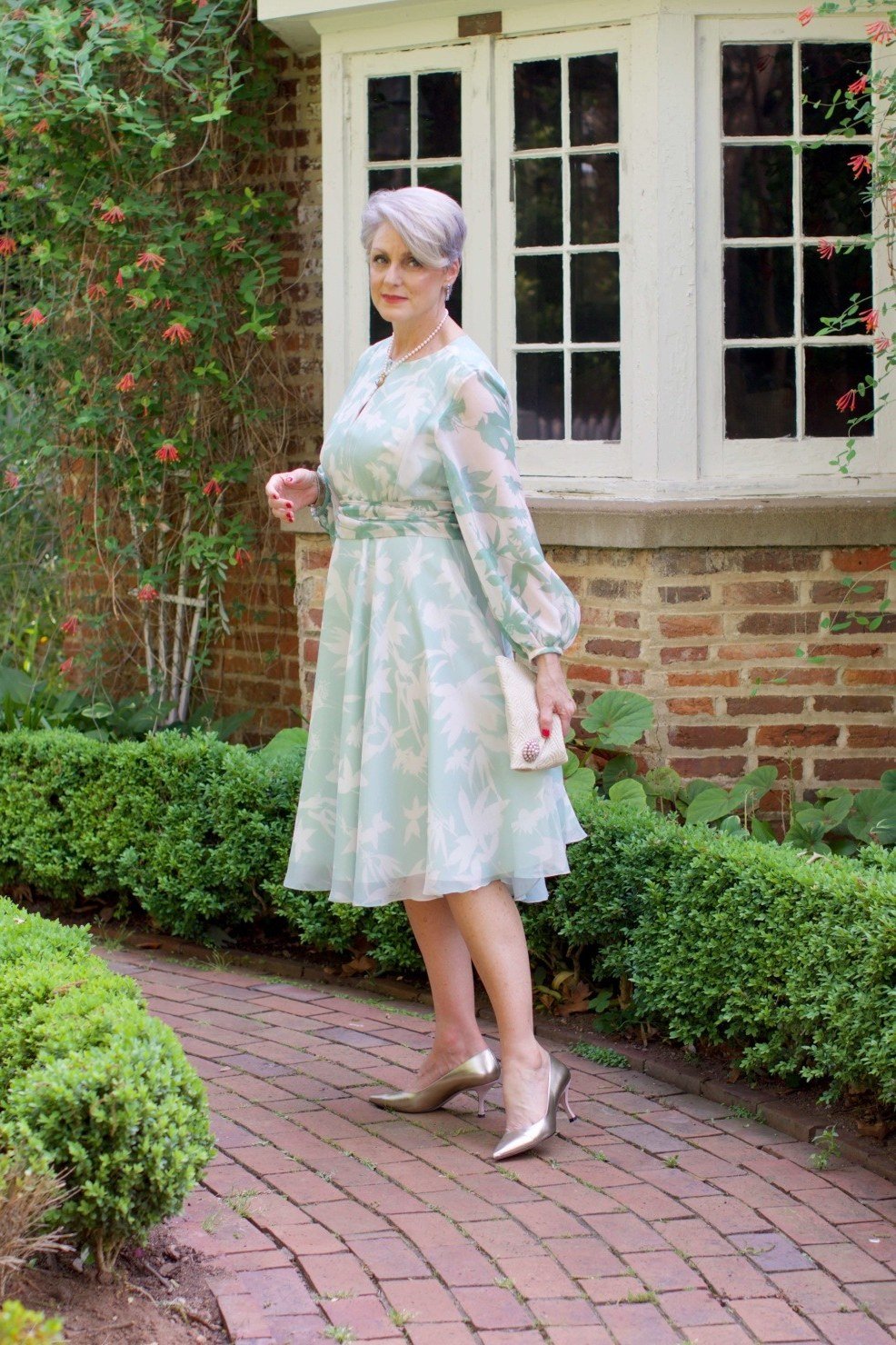 Light blue floral midi dress with 3/4 sleeves, garden - wedding guest outfit for women over 50