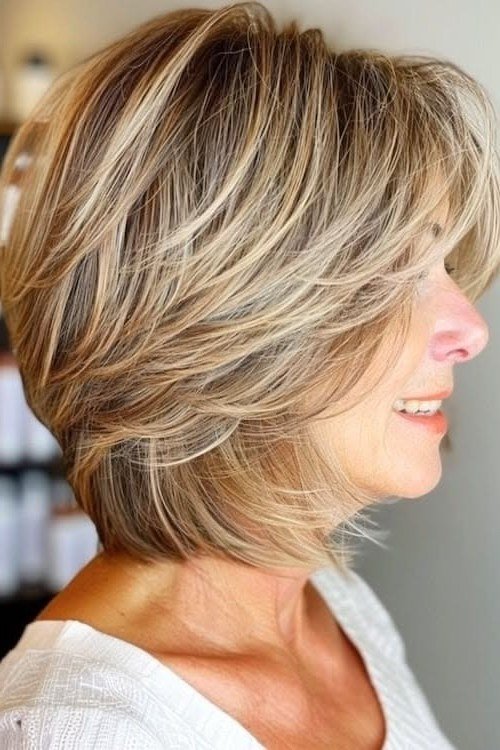 Blonde Highlighted Feathered Bob - medium hairstyle for women over 60