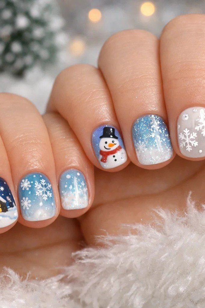 Winter Character Nail Art on Short Nails, fun winter nail idea for women over 60
