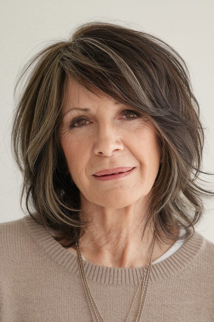 Dark-brown shag haircut with bangs on an older woman, front view, medium hairstyle for women over 60