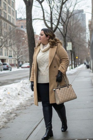 Camel midi coat with a cream turtleneck, black leggings, and tall black boots for women over 50 at work