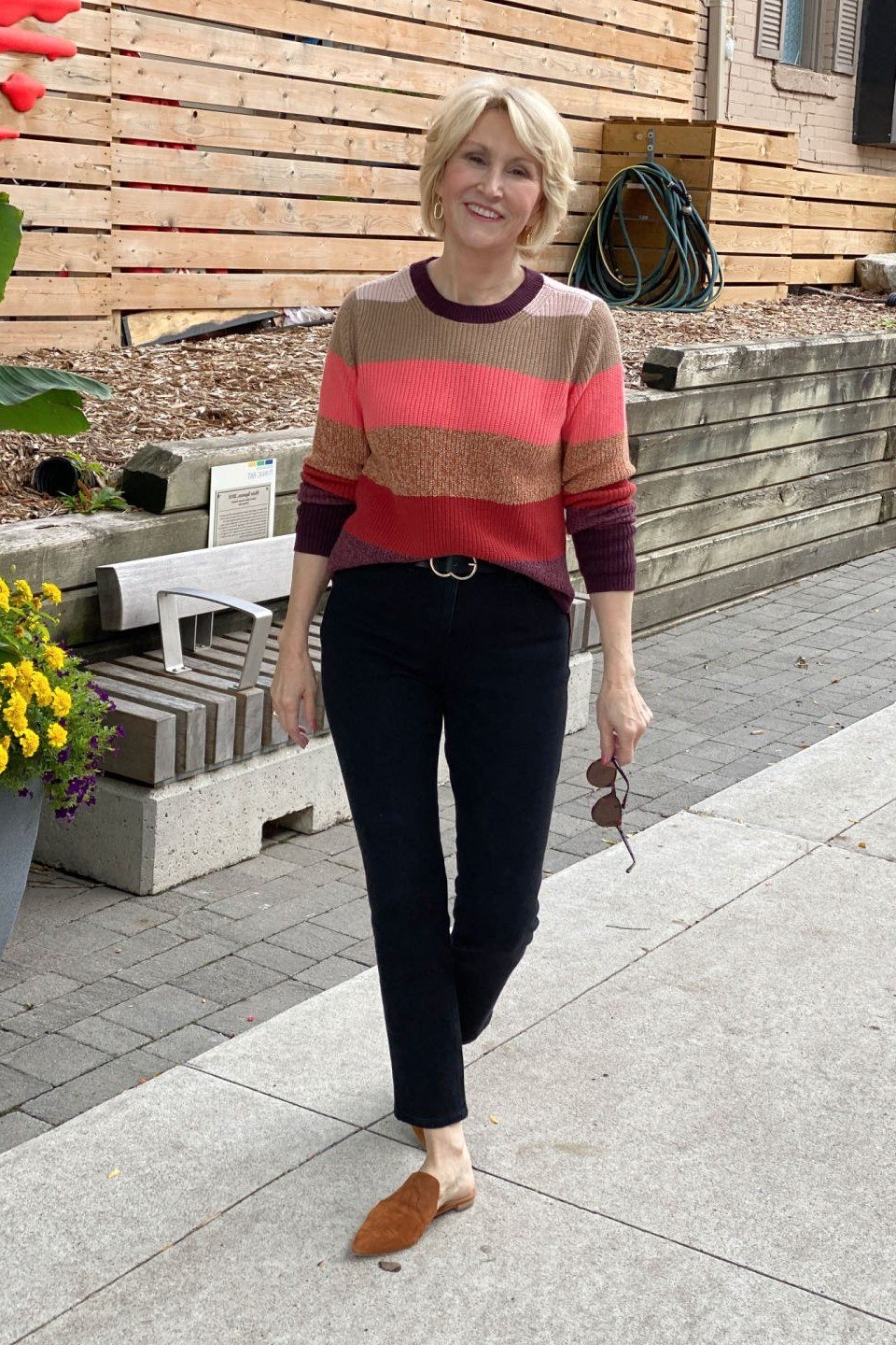 Color-Block Striped Sweater with Black Jeans - fall outfit for women over 40