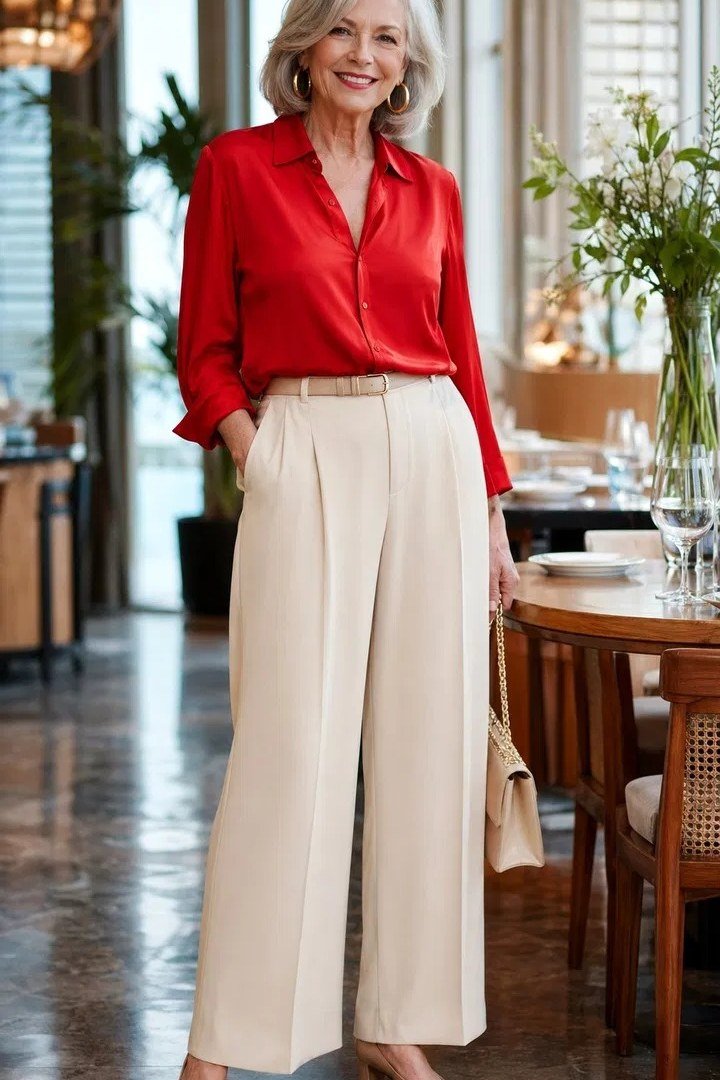 red blouse cream wide leg trousers over 50