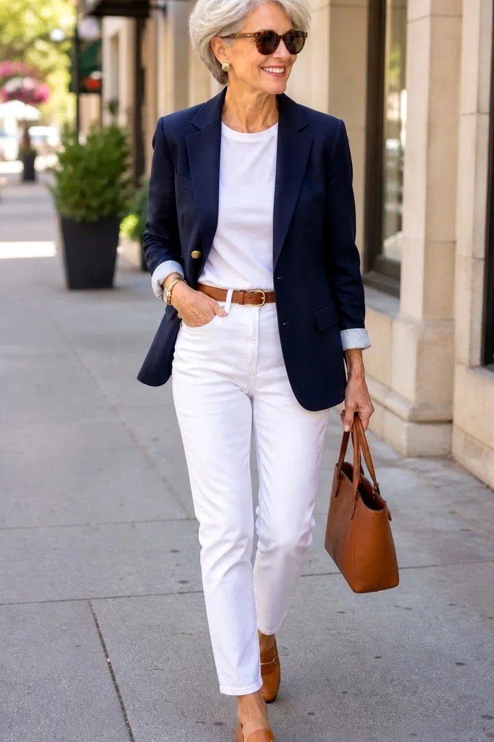 Elegant fall outfit for women over 70: navy blazer with white trousers
