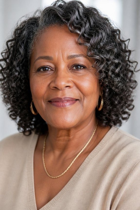 57. Dark Voluminous Curly Bob - wash and wear hairstyle for older women