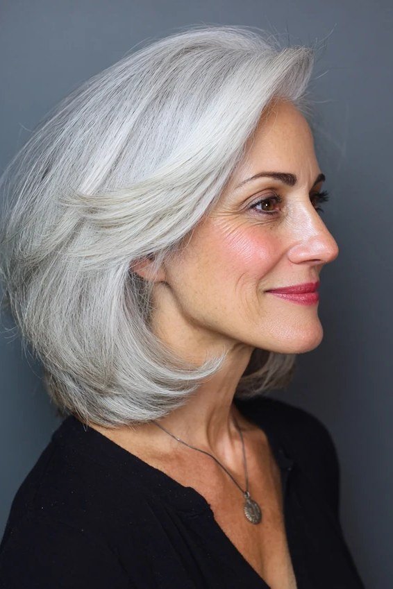Icy silver sleek straight layered medium-length hairstyle, side view, for women over 50
