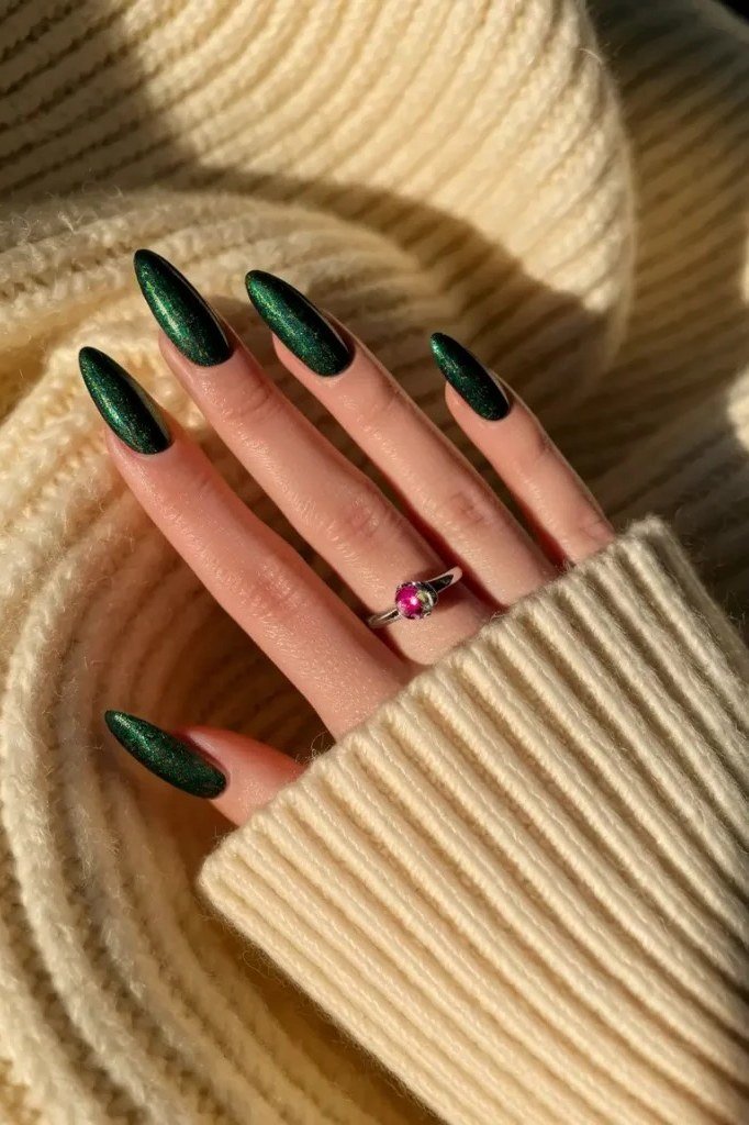 Emerald Green Almond Nails, fall nail color idea for women over 50