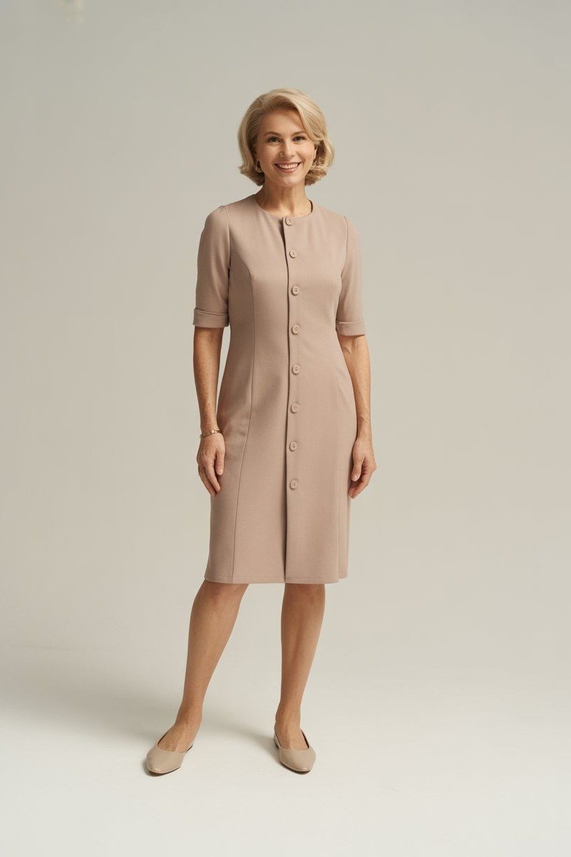 Beige Cap-Sleeve Sheath Dress - business outfit for women over 50