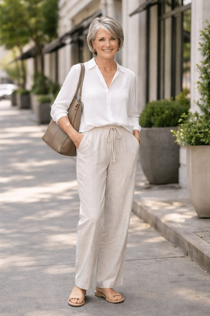 Woman over 50 wearing White shirt with beige wide linen pants and tote on the street.