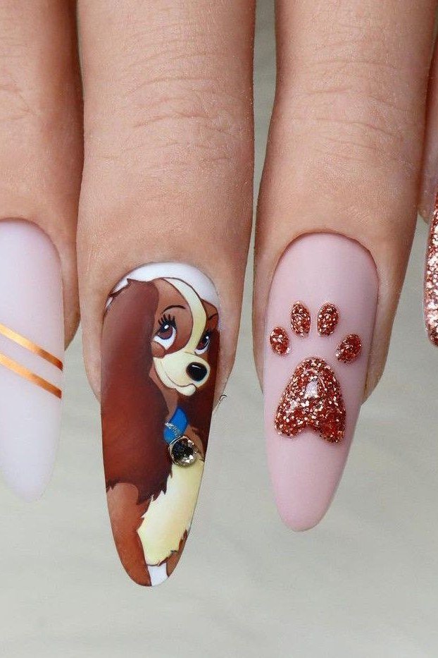 Pink and white nails with Bambi portrait and glitter paw print
