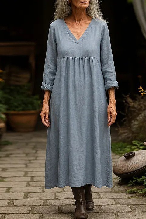 Dusty Blue Long Sleeve Maxi summer outfit idea for women over 60