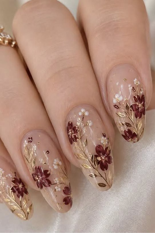taupe nails with burgundy floral nail art