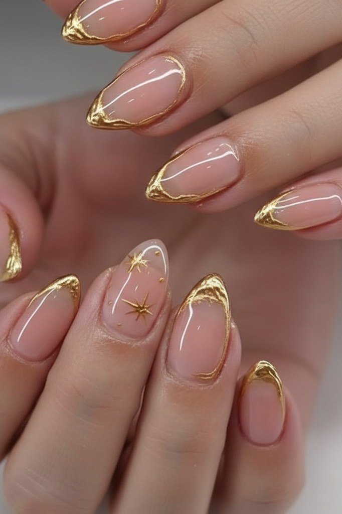 Nude Nails with Gold Star Tips - flattering nail polish shade that hides veins for women over 50