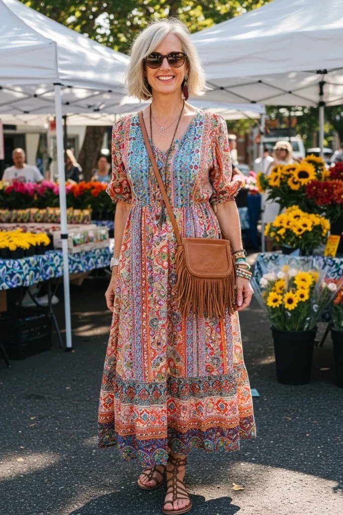 Woman in a colorful boho-patterned midi dress with a leather crossbody bag, outdoor market - summer dress for women over 50