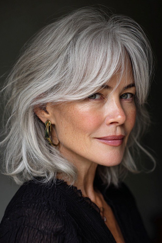 Long Wavy Silver Layers - grey shoulder length hairstyle for women over 60