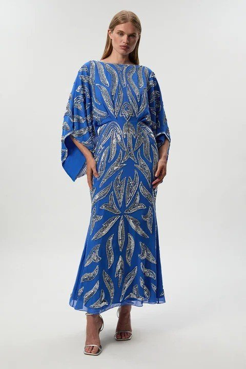 Cobalt blue patterned caftan gown for women over 50, fall date night outfit