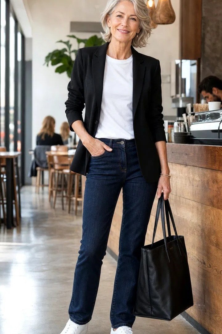 Black blazer white top dark jeans, woman at cafe counter - business casual work outfit for women over 50