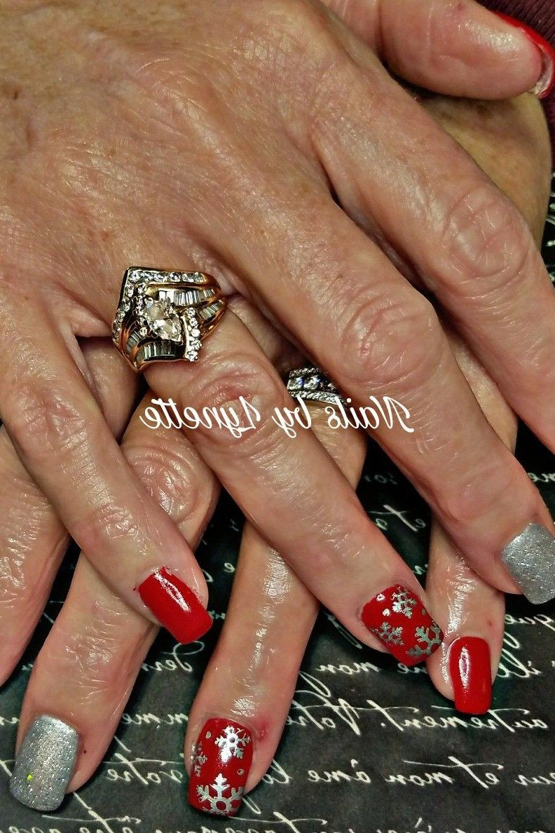 Red and silver mix, mature hands with rings - Christmas nail design for older women