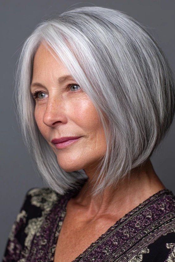 Polished Silver Bob, chic bob haircut for women over 50