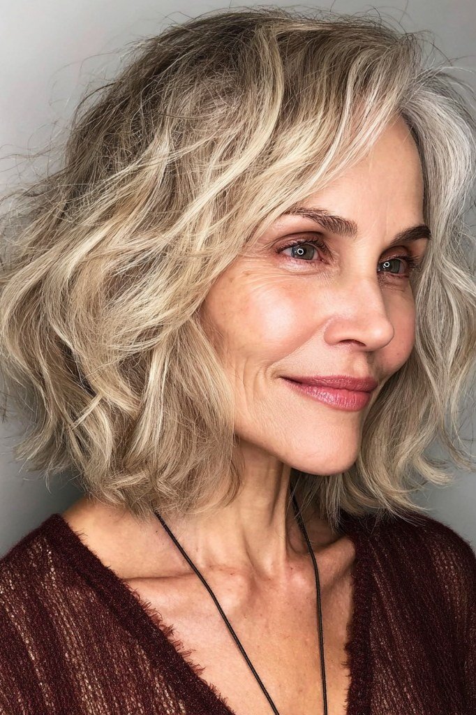 Choppy bob hairstyle for women over 60: blonde wavy bob front brown top