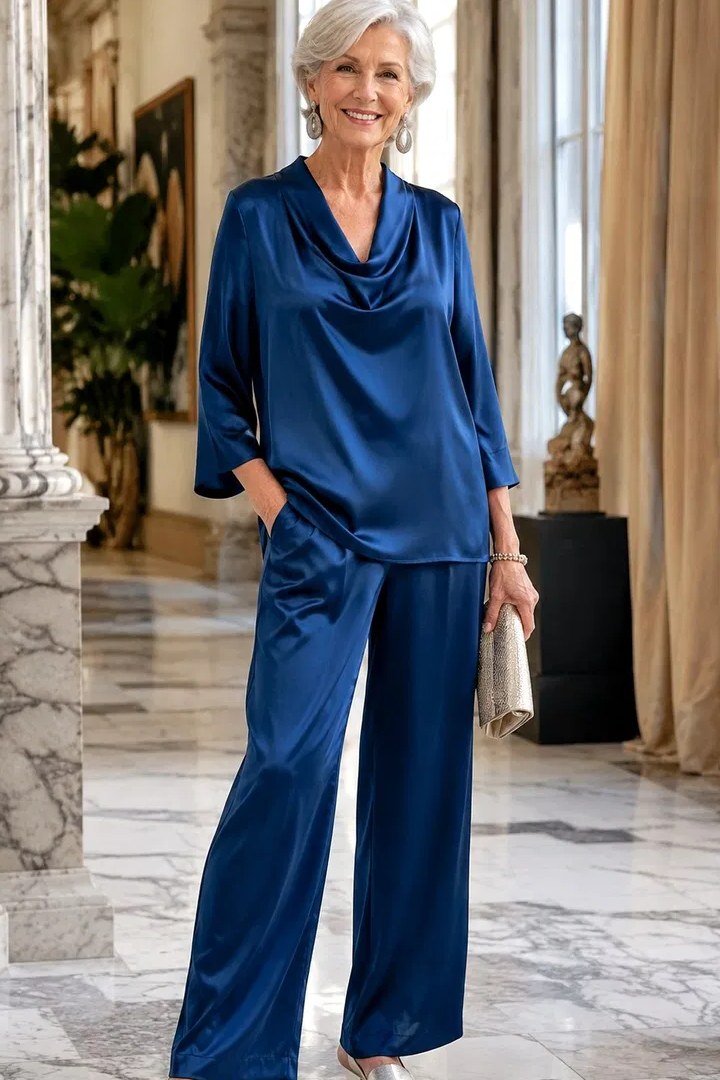 Navy Satin Blouse and Wide Pants outfit for women over 70, chic style idea 53