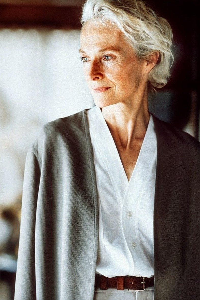 Grey blazer with white blouse for women over 70