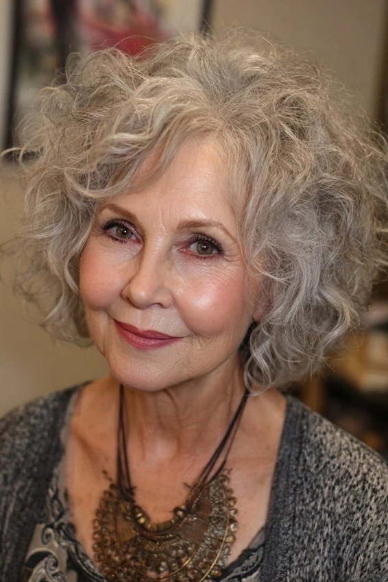 Statement silver curly bob for mature women