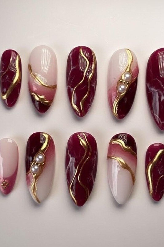 Burgundy marble press on nails with gold and pearl for women over 50