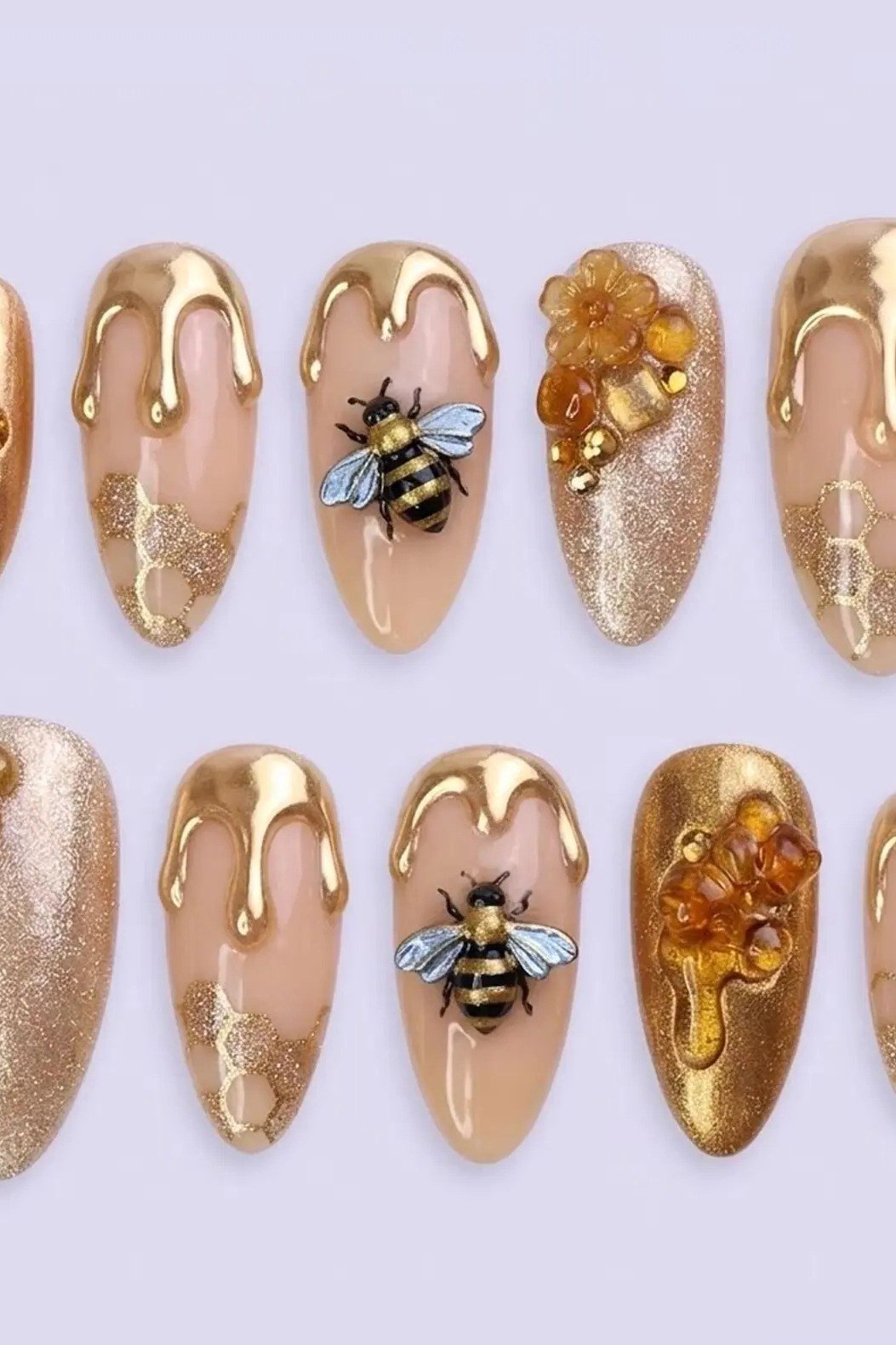 Gold honey bee nails, fall nail design for women over 60