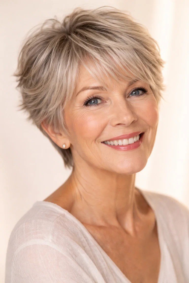 Curly grey bob haircut for women over 70, smiling front view