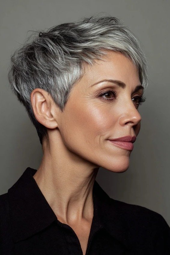 neat silver pixie haircut, side profile