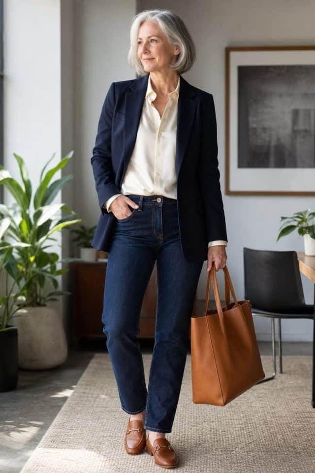 Navy blazer with white shirt and dark jeans for women over 60