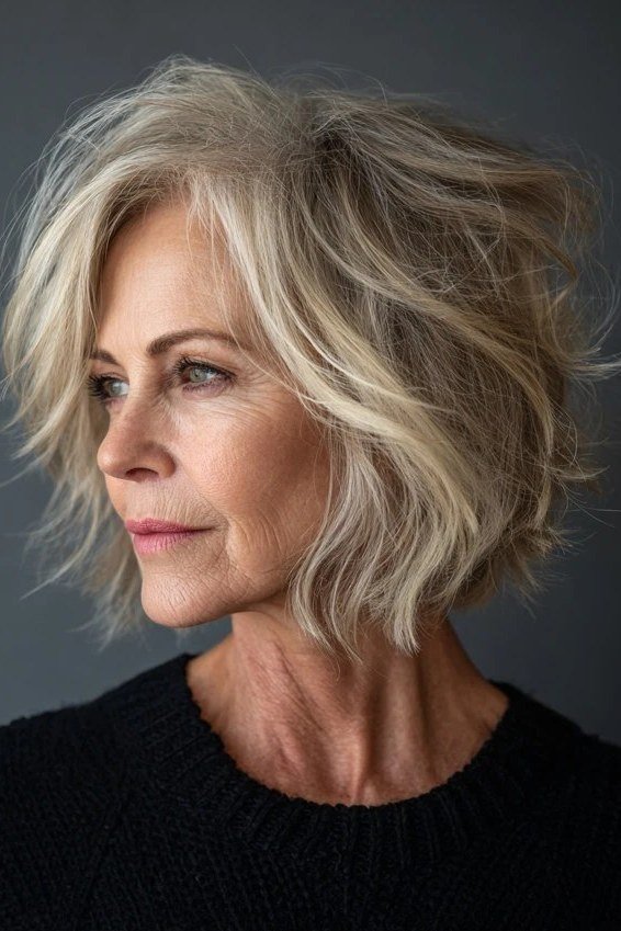 Blonde-Grey Tousled Shag - shaggy bob haircut for women over 60