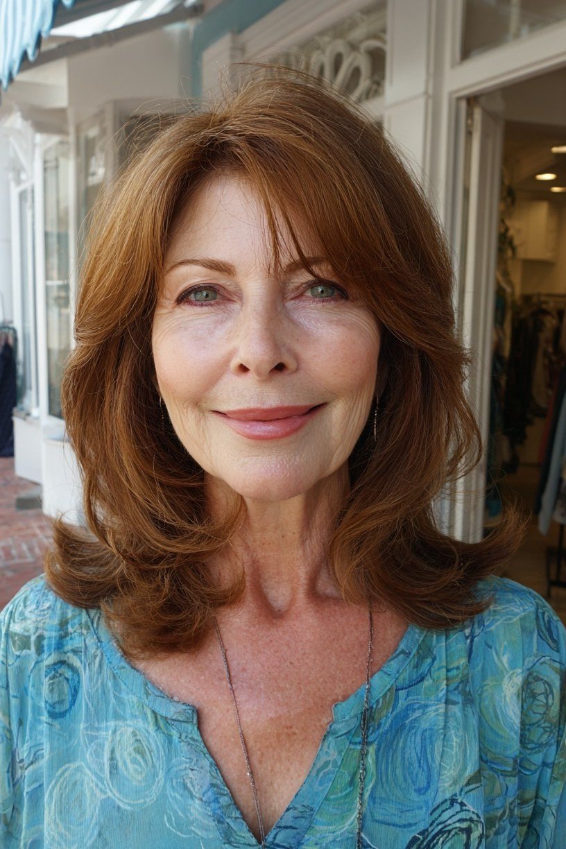 Auburn shoulder-length hair, front view, woman in her 60s