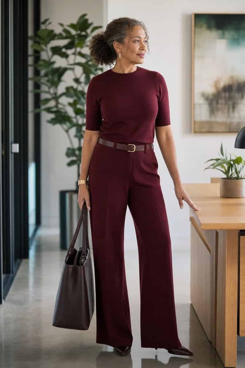 Burgundy Knit Top With Matching Burgundy Wide-Leg Trousers, smart casual outfit for women over 50