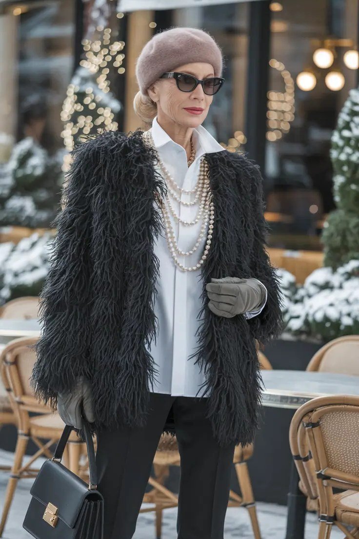 black shaggy faux fur coat with pearls church outfit for women over 60