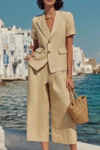 Sand blazer with culottes and straw tote, seaside town for women over 60