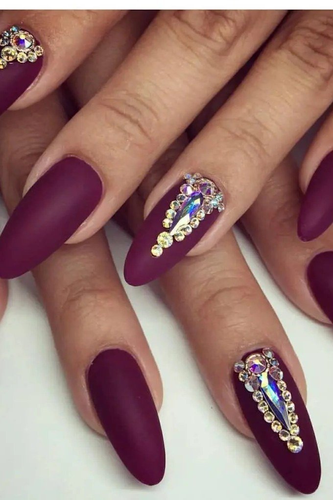 Matte Plum with Crystal Art - fall nail color idea for women over 60