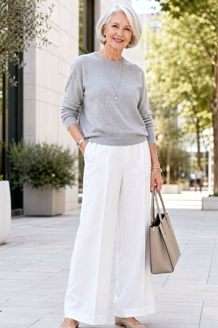 Older woman in light gray sweater and white wide leg trousers