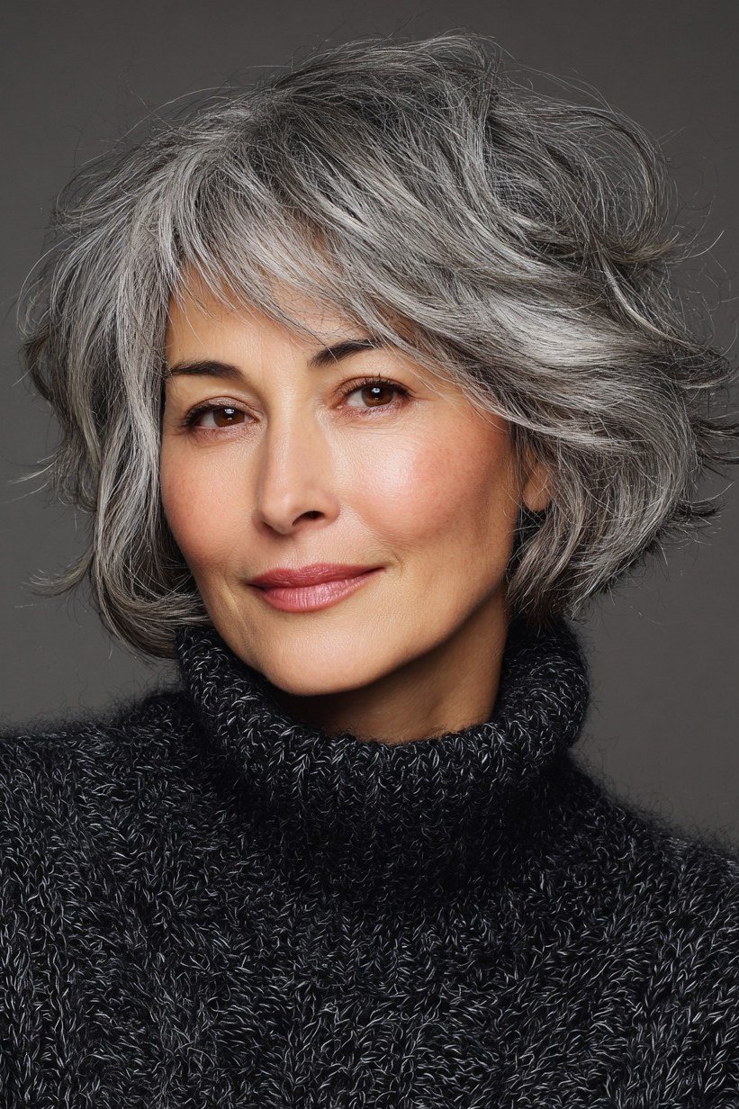 salt and pepper shaggy bob for older women, front view