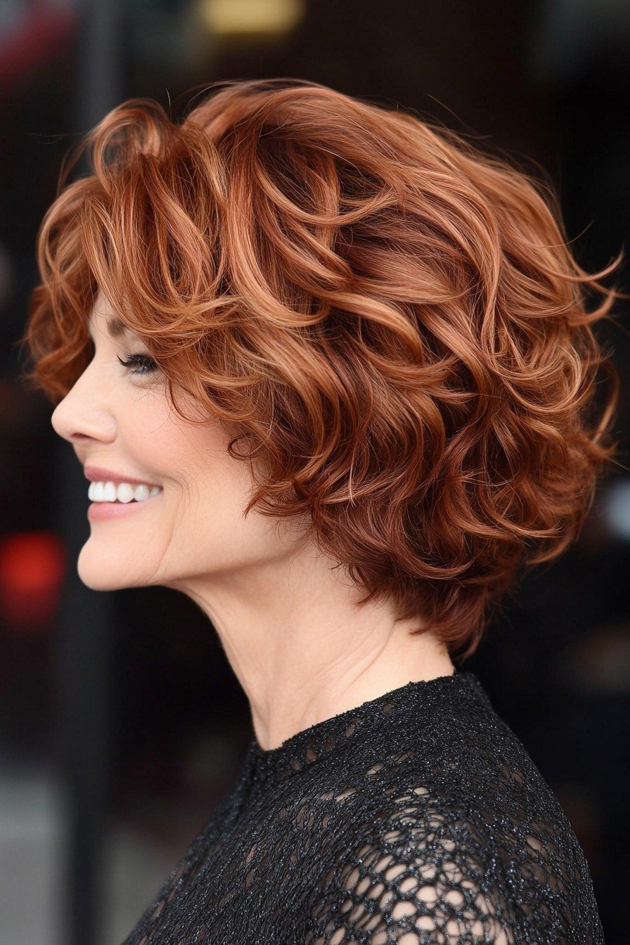 Copper curly bixie haircut side view for women over 60