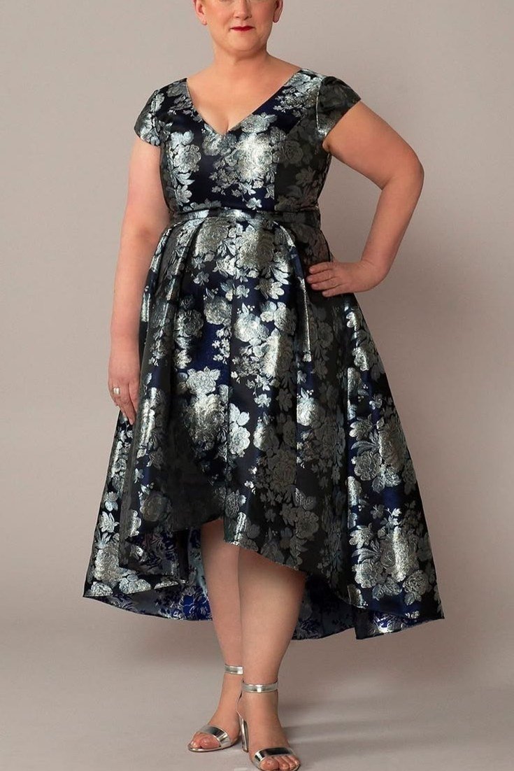 dark floral high-low dress, plus-size model, elegant cocktail dress for women over 60